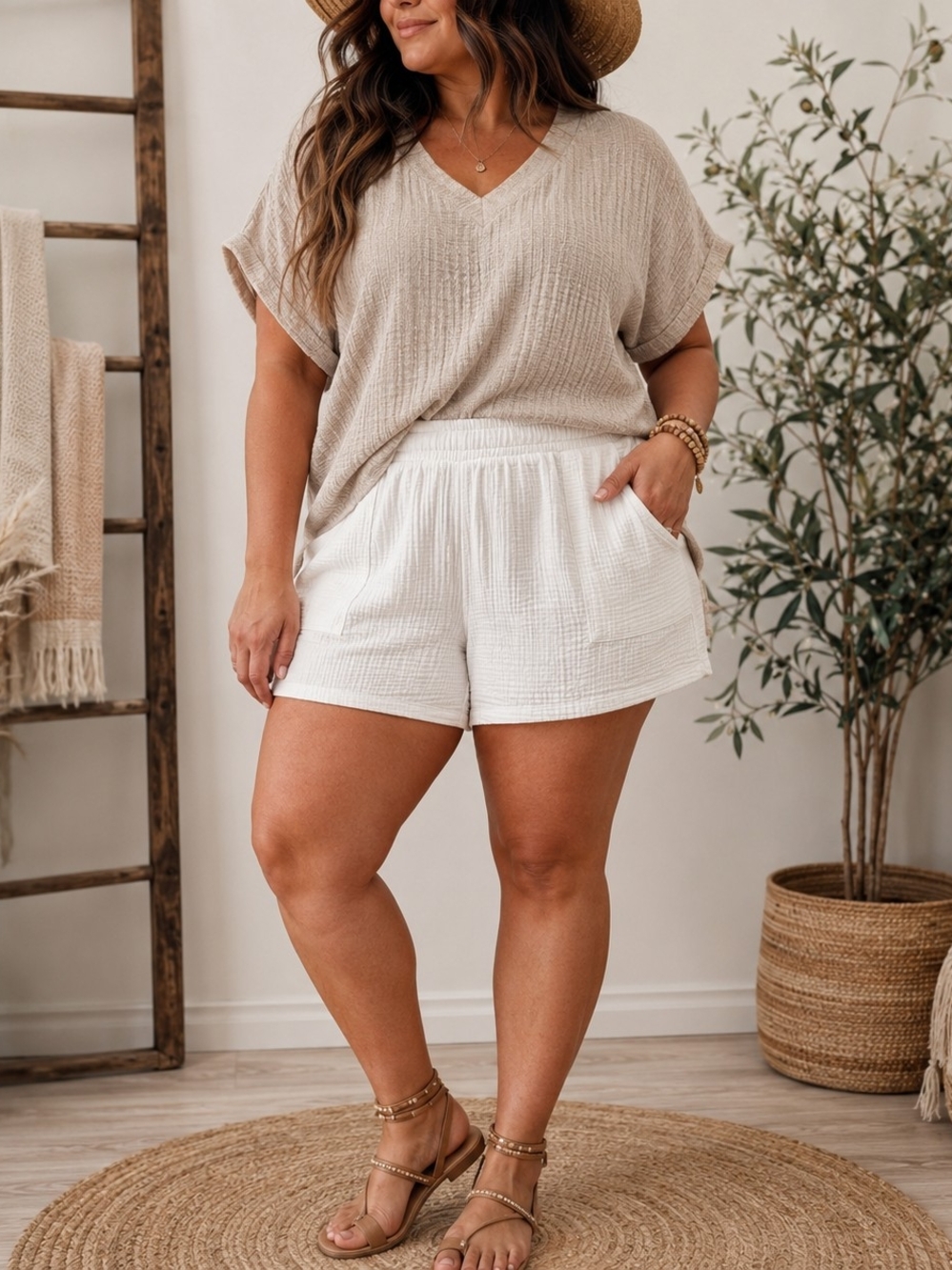 Wonderly White Double Gauze Pull-On Shorts | Boho Beach Cotton Blend Size Large